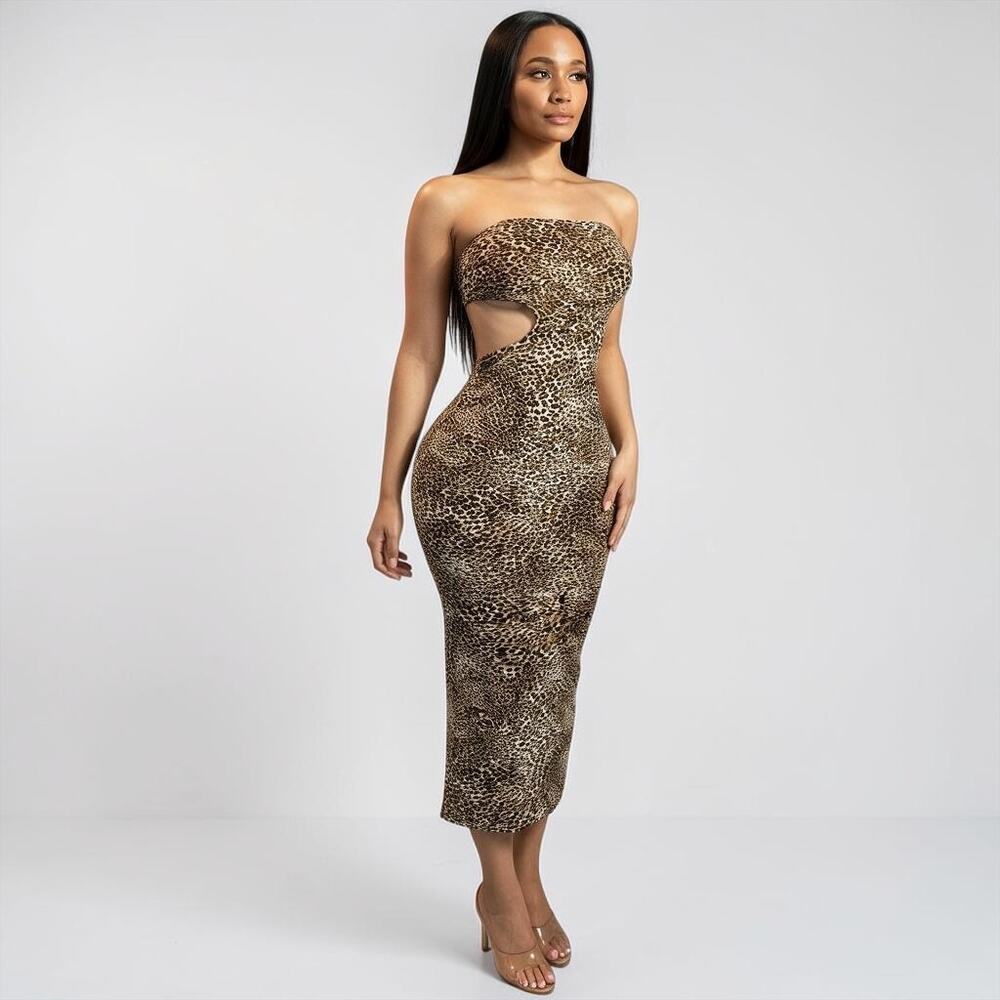 Leopard Print Strapless Cutout Midi Dress